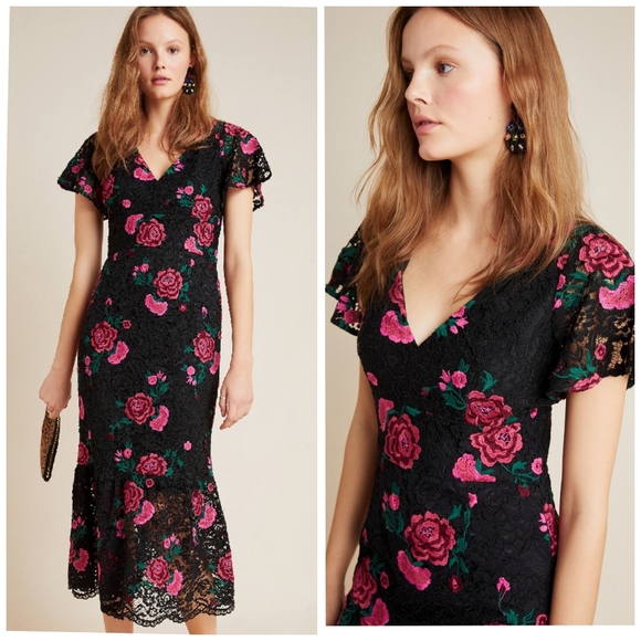 Anthropologie/SHOSHANNAAudette Rose Embroidered Lace Midi Dress In Assorted - Picture 1 of 10